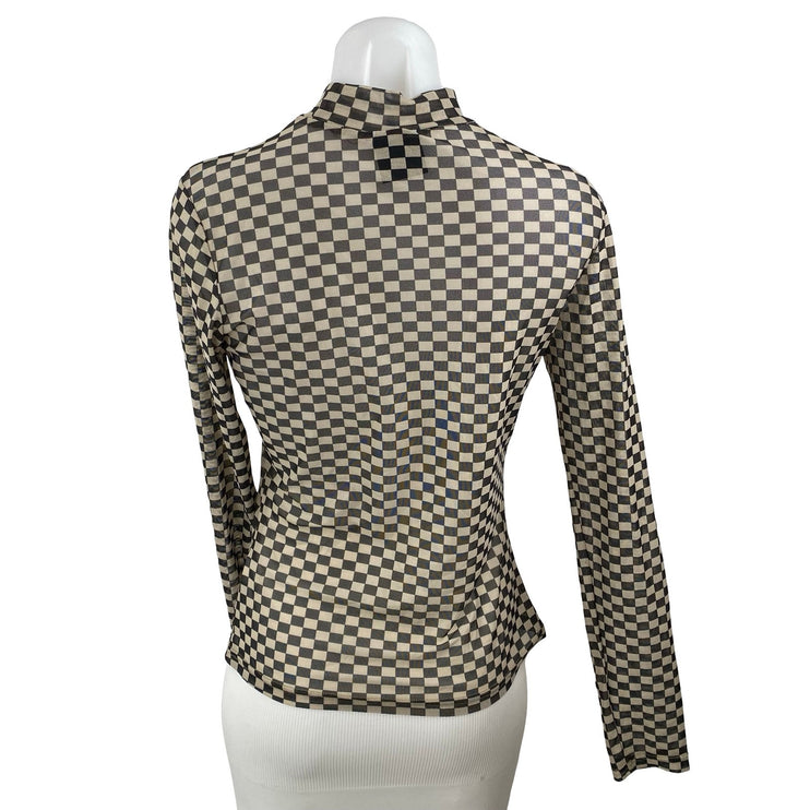Things I Like Things I Love Beige Checkered Long Sleeve Mock Neck Blouse Top S