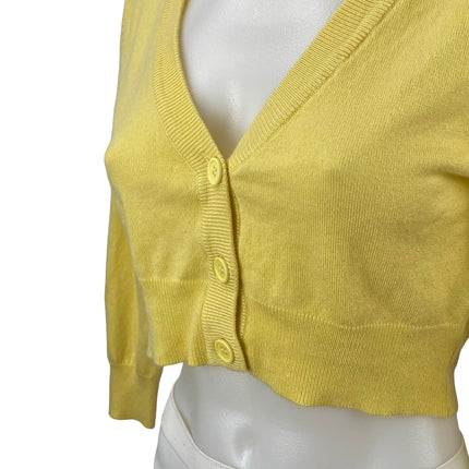 Mak Women's Yellow V Neck 3/4 Sleeve Button Down Crop Cardigan Sweater Top Sz L