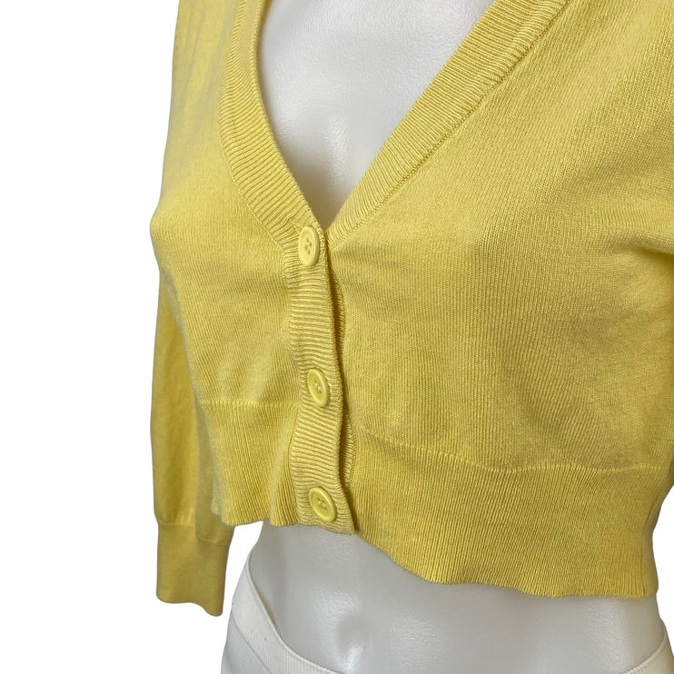 Mak Women's Yellow V Neck 3/4 Sleeve Button Down Crop Cardigan Sweater Top Sz L