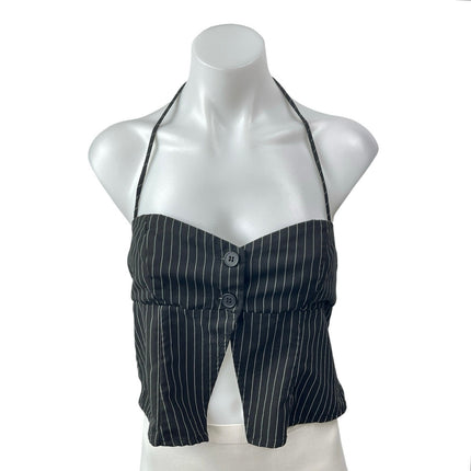 Princess Polly Women's Black Striped Halter Split Sweetheart Blouse Crop Top 10