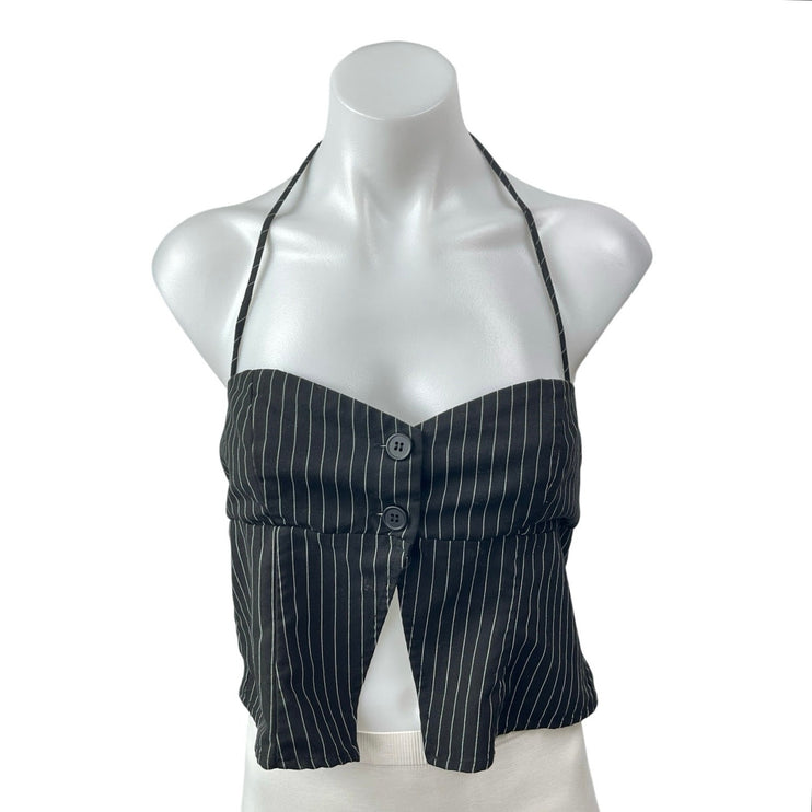 Princess Polly Women's Black Striped Halter Split Sweetheart Blouse Crop Top 10