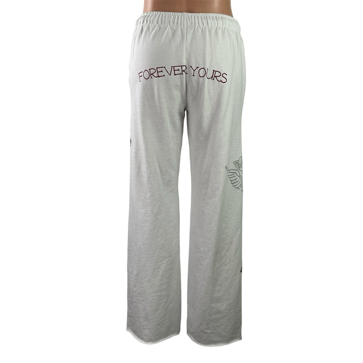 Subdued Women's White Drawstring Graphic Print High Rise Wide Leg Sweat Pants S