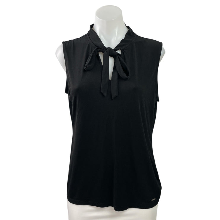Tahari Women's Black Tie Neck Bow Sleeveless Tank Shirt Work Blouse Top Size L