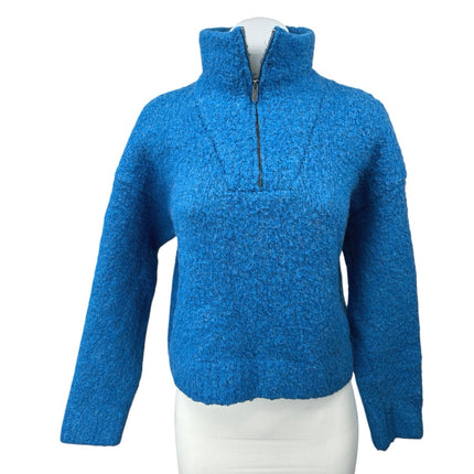 Zara Women's Blue Wool Half Zip Fuzzy Knit Mock Neck Pullover Sweater Top Size S