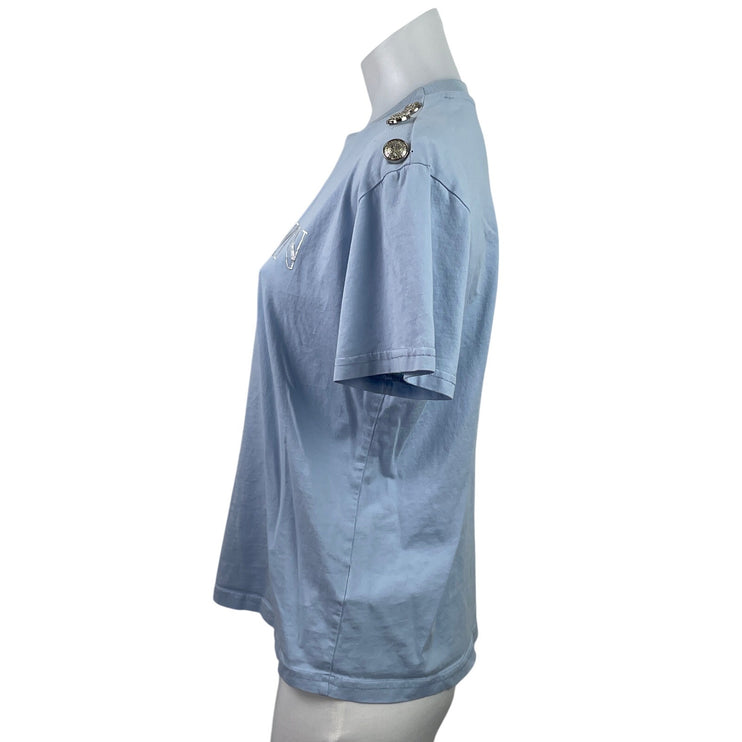 Balmain Womens Blue Button Shoulder Short Sleeve Graphic Logo Tee T-shirt Top M