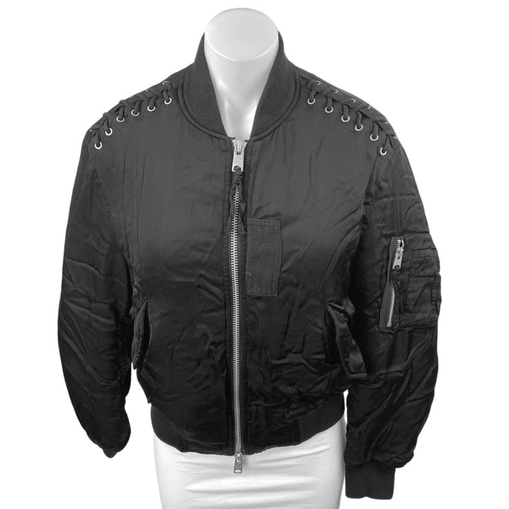 AllSaints Bree Women's Black Laced Up Full Zip Long Sleeve Bomber Coat Jacket M