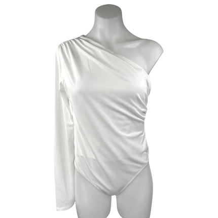 Zara Women's White One Shoulder Long Sleeve Ruched Bodysuit Blouse Top Size L