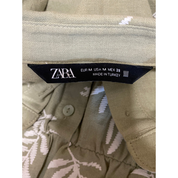 Zara Green Embroidered Leaf Linen Short Sleeve Belt A Line Mini Shirt Dress M
