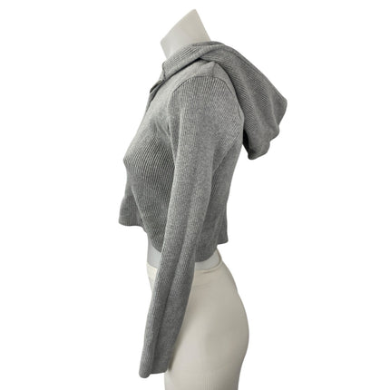Brandy Melville Women's Gray Ribbed Knit Full Zip Crop Hoodie Sweatshirt Top S