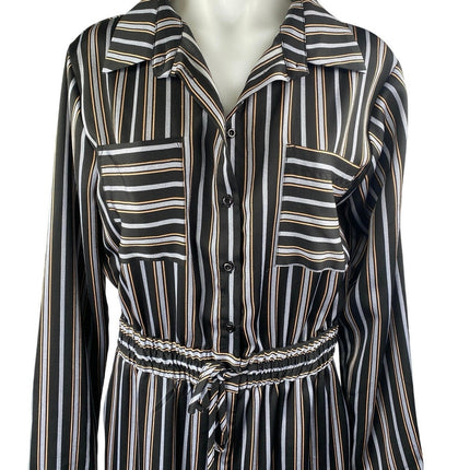 Lulus Black Striped Long Sleeve Drawstring Pockets Button Down Shirt Jumpsuit S