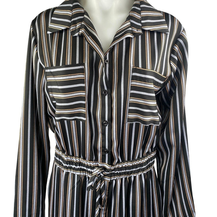 Lulus Black Striped Long Sleeve Drawstring Pockets Button Down Shirt Jumpsuit S