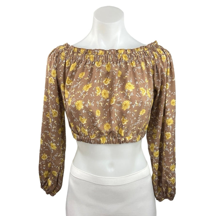 Altar'd State Brown Yellow Floral Off The Shoulder Long Sleeve Blouse Top Size S