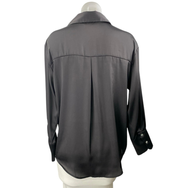 Zara Women's Black Silky Satin Collared Long Sleeve Button Down Shirt Top Size M