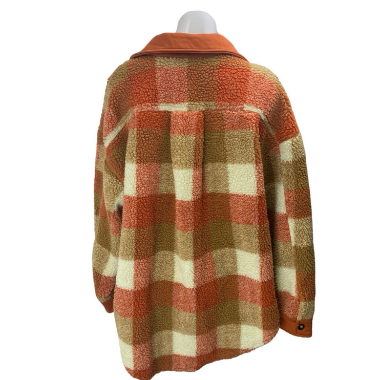 Bibi Multicolor Plaid Gingham Button Up Sherpa Sweater Shacket Shirt Jacket Sz S