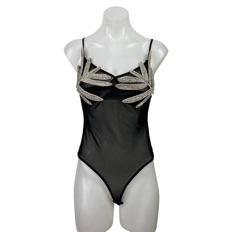 TU Black Silver Rhinestone Leaf Mesh Sheer Sleeveless Cami Bodysuit Top Size S