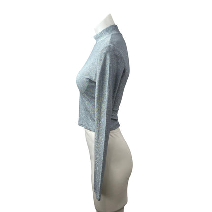 Reformation Bailey Women's Blue Glitter Mock Neck Long Sleeve Crop Top Size M