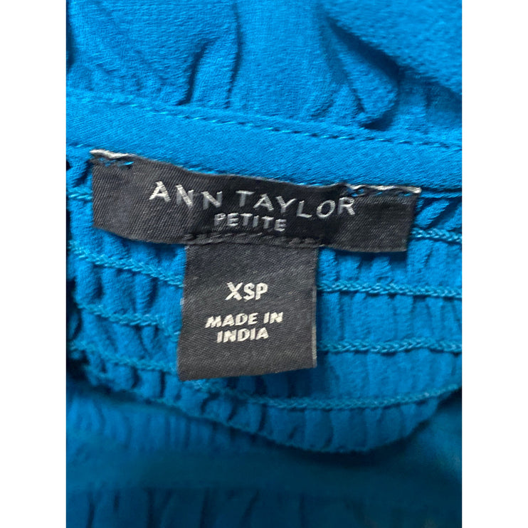 Ann Taylor Women's Blue Mock Neck Smocked Ruffle Long Sleeve Blouse Top Size XSP