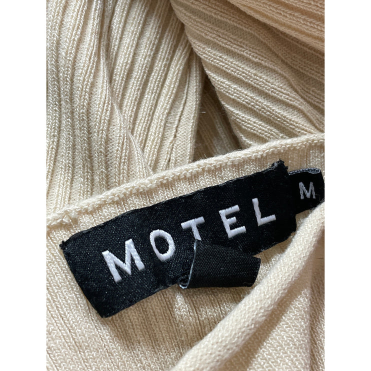 Motel Women's Beige Tie Bustier Ribbed KNit Long Sleeve Blouse Crop Top Size M
