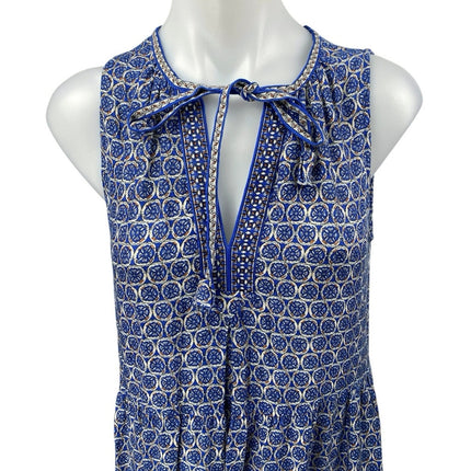 Max Studio Blue Geometric Print Sleeveless Tie V-neck Tiered Midi A-Line Dress S