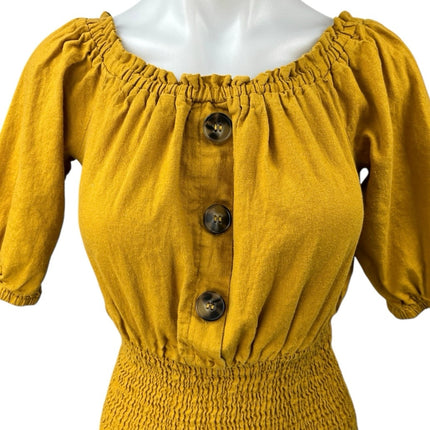 Zara Yellow Off The Shoulder Button Front Smocked Tunic Blouse Top Size XS