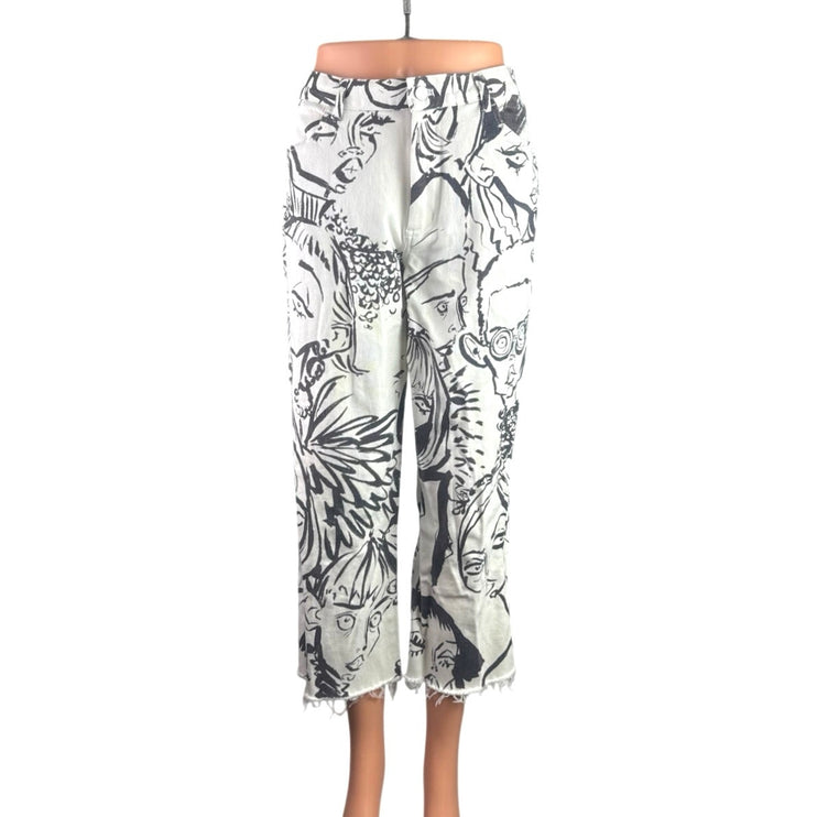 The Kit Alexa White Line Art Raw Frayed Hem Straight Wide Leg Trousers Pants 12
