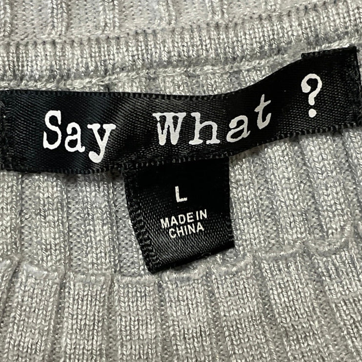 Say What? Gray Rib Knit Crew Neck Gold Button Short Sleeve Midi Bodycon Dress L