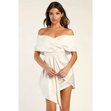 Lulus Always Celebrating Ivory Silk Satin Off The Shoulder Sheath Mini Dress S