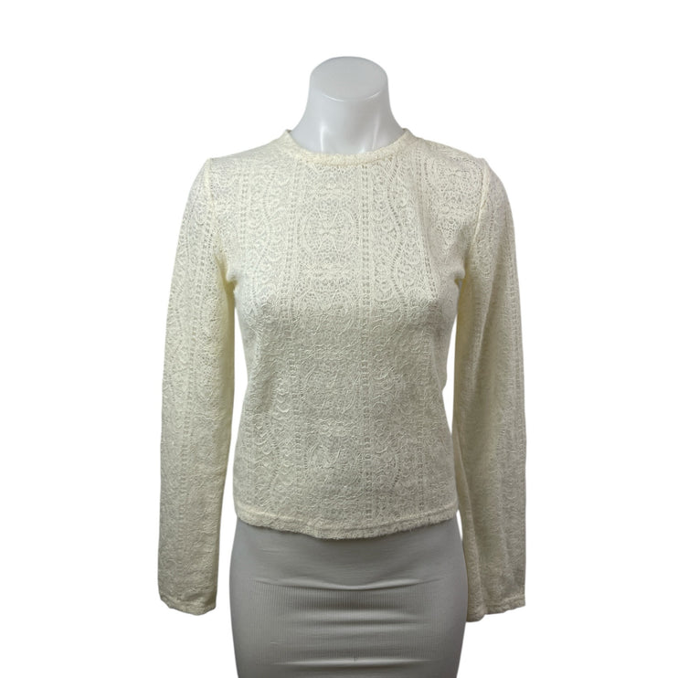 Commense Women's Cream Floral Lace Long Sleeve Crew Neck Blouse Top Size S