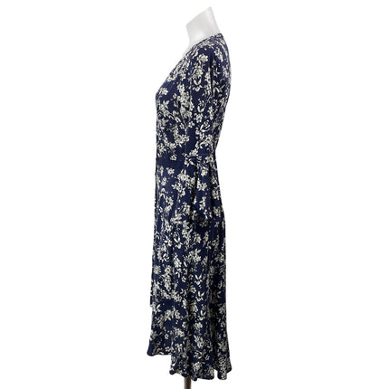Likely Blue Floral Long Bell Sleeve Deep V Neck Midi Fit & Flare Dress Size 4