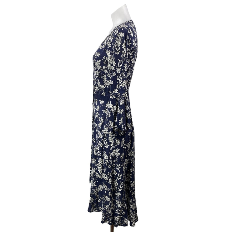 Likely Blue Floral Long Bell Sleeve Deep V Neck Midi Fit & Flare Dress Size 4