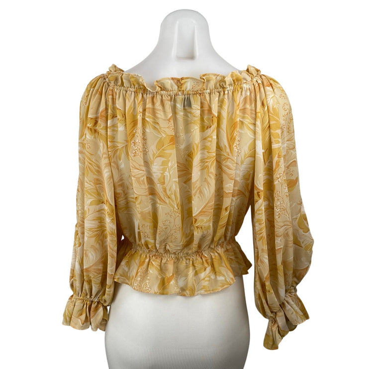 Dress Forum Women's Yellow Leaf Long Sleeve Tie Peplum Ruffle Blouse Top Size S