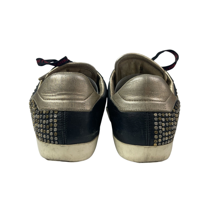 Zadig & Voltaire Black Leather Studded Lace Up Round Toe Sneakers Shoes Size 8.5