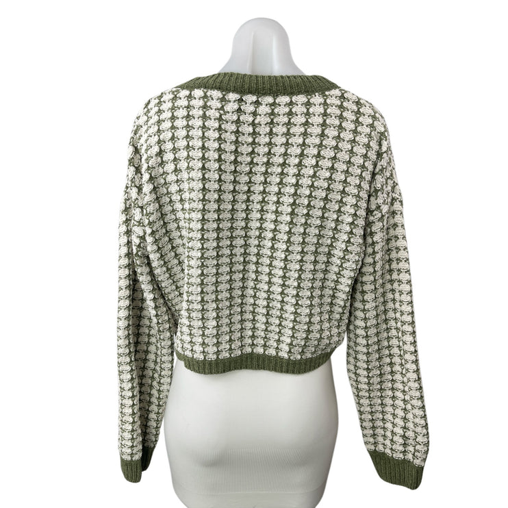 Pink Rose Green Floral Chenille Knit Long Sleeve Crew Neck Crop Sweater Top Sz M