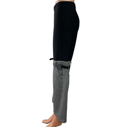 Women's Black Gray Belted Color Block High Rise Wide Leg Denim Trousers Pants XS
