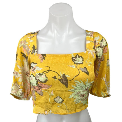 H&M Yellow Floral Square Neck Short Sleeve Open Tie Back Blouse Crop Top Size XS