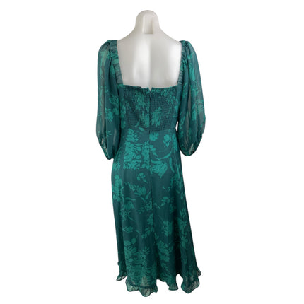 Rachel Zoe Women's Green Floral 3/4 Puff Sleeves Ruffled Midi A-Line Dress Sz 6
