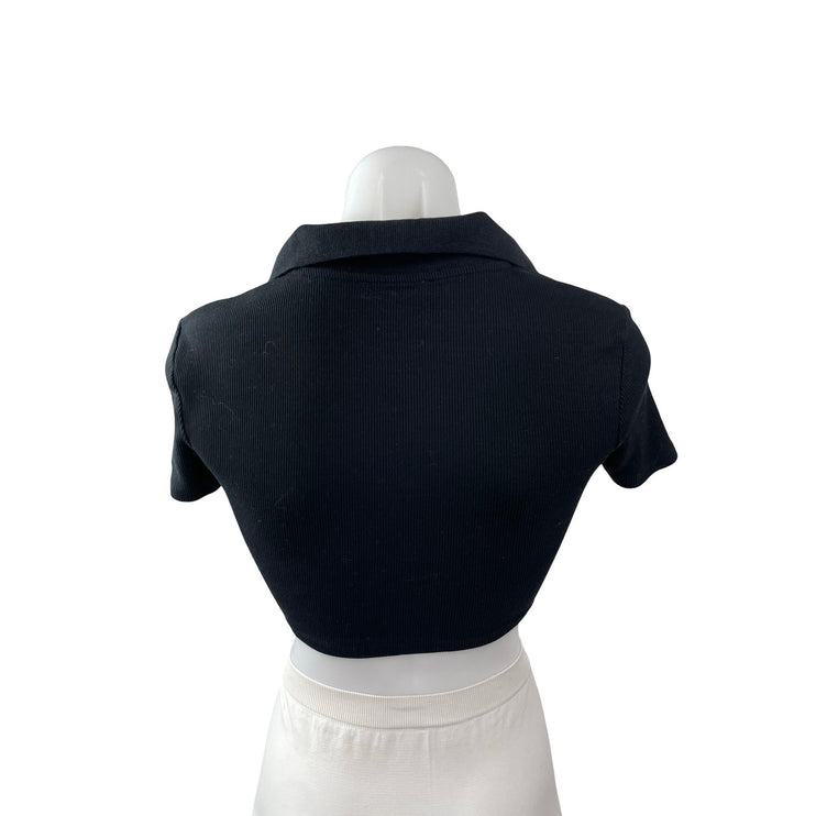 Zara Women's Black Ribbed Knit Short Sleeve V Neck Collared Polo Crop Top Size S