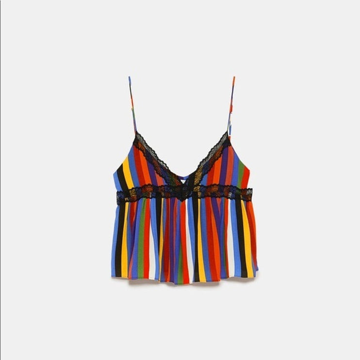 Zara TRF Multicolor Stripe Lace Trim V-neck Spaghetti Strap Crop Cami Tank Top S