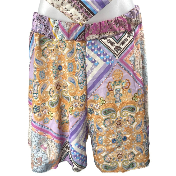 Boohoo Purple Floral Sleeveless Bandana Bandeau Crop Top Shorts 2 Pc Set Size 10