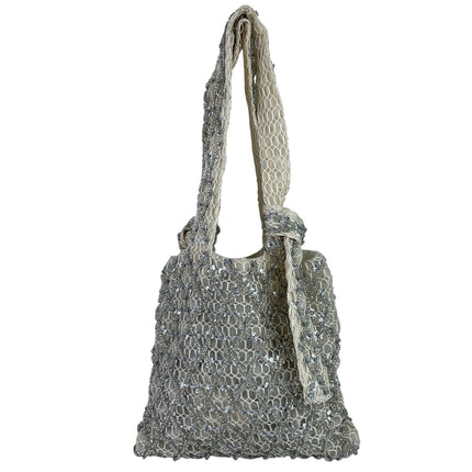 Zara Women's Silver Beaded Embellished Mesh Bow Tie Boho Tote Handbag Size OS