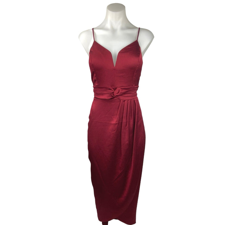 Express NWT Red Satin Notch V Neck Pleated Sleeveless Midi Sheath Dress Size S