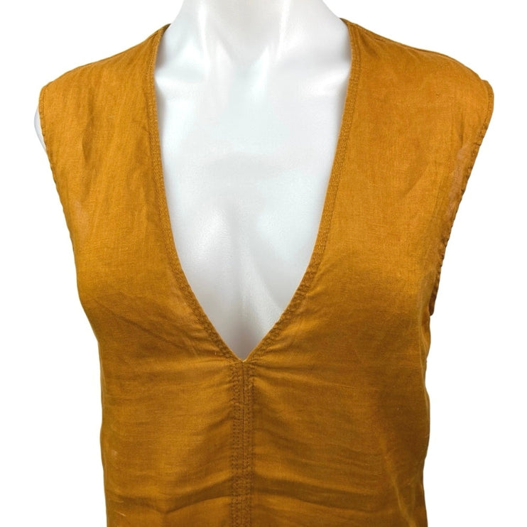 Zara 100% Linen Yellow Orange Plunge V Sleeveless Midi Sheath Dress Size XS