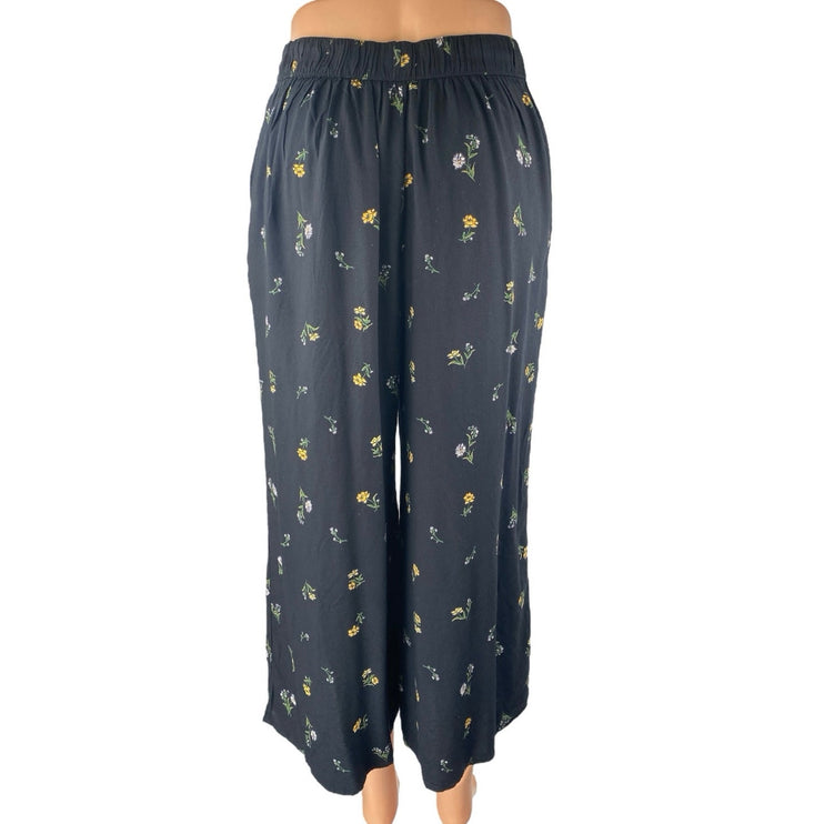 Hollister Women's Black Floral High Waisted Pull On Wide Leg Cropped Pants Sz S