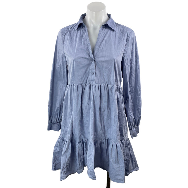 Zara Women's Blue Long Sleeve Button Front Tiered A Line Mini Shirt Dress Size S