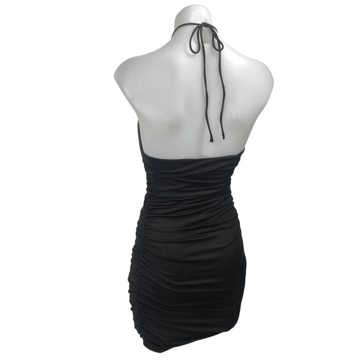 Princess Polly Black Sleeveless Halter Tie Ruched Cutout Mini Bodycon Dress Sz 4