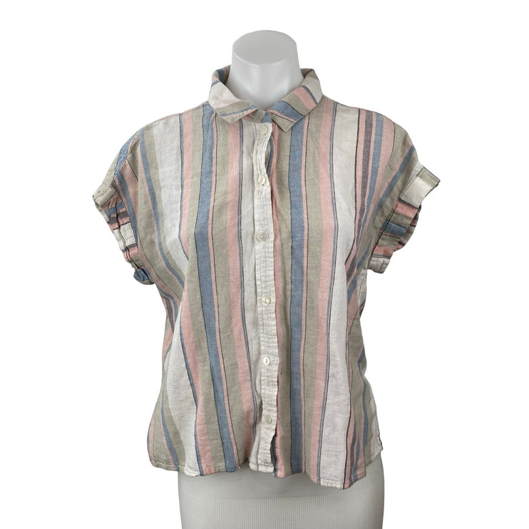 Sanctuary Women's Multicolor Linen Striped Short Sleeve Button Down Shirt Top S