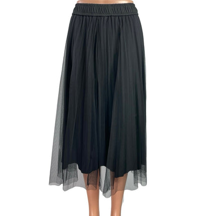 Women's Black High Waist Pull On Mesh Pleated Evening A Line Midi Skirt Size S