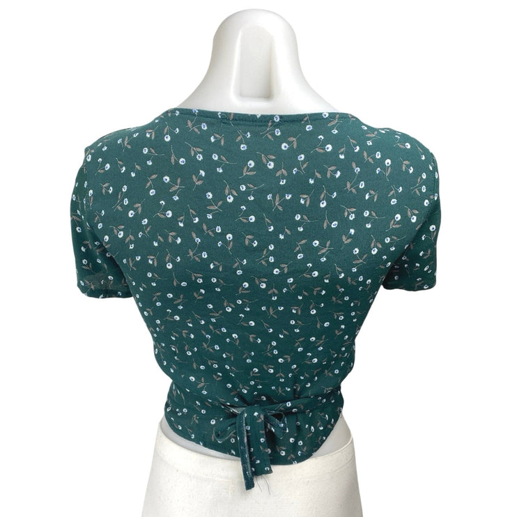 Brandy Melville Green Floral Short Sleeve V Neck Wrap Tie Blouse Crop Top Size S