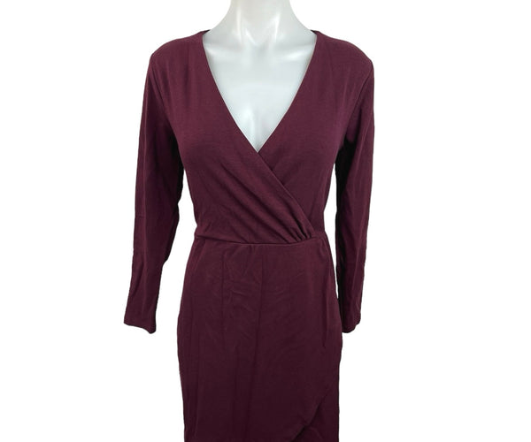 purple long sleeve wrap dress Ann Taylor LOFT Purple Burgandy Faux Wrap V-Neck Long Sleeve Career Dr –  Brie