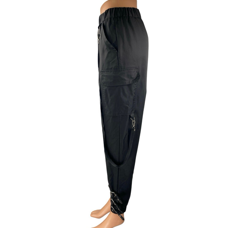Women's Black High Rise Buckle Ankle Strap Tapered Leg Cargo Trousers Pants S